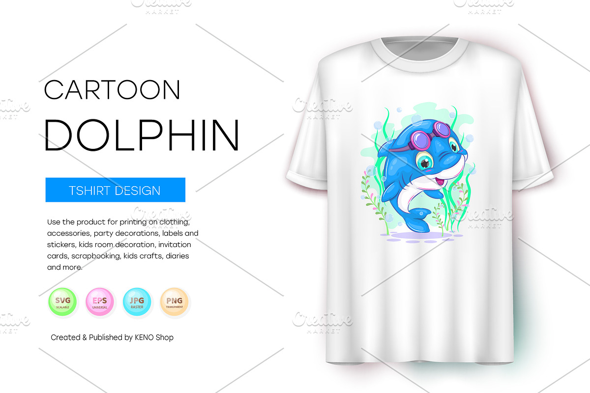 Cute cartoon dolphin, Tshirt, PNG., an Animal Illustration by KENO Mascots (Photo 5 of 6)
