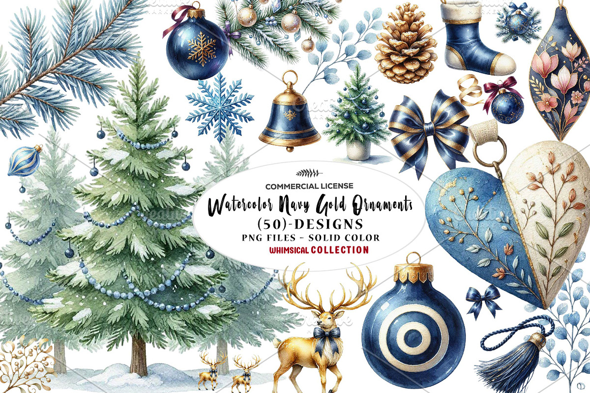 Watercolor Navy Gold Ornaments, a Seasonal Illustration by CreationArt (Photo 1 of 7)