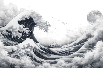 Majestic Black and White Illustration of a Wave in Traditional Japanese Style, a Person Photo by AS photostudio