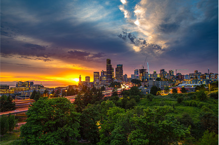 Dramatic sunset over Seattle skyline, an Architecture Photo by Nick Fox