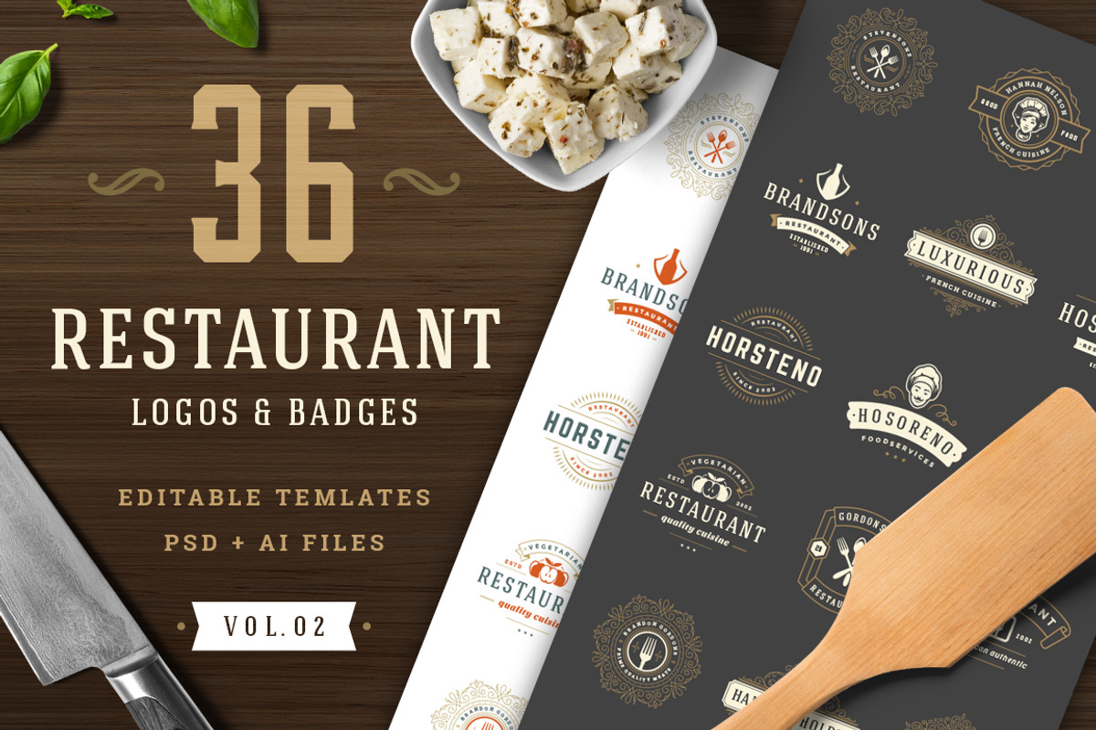 36 Restaurant Logos and Badges, a Branding & Logo Template by Vasya Kobelev (Photo 1 of 20)