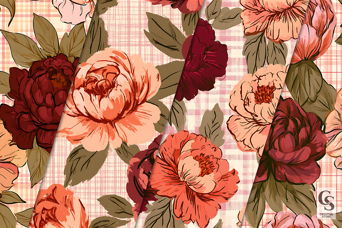 Retro Bold Peonies Seamless Pattern, a Pattern Graphic by Creative Store (Photo 2 of 5)