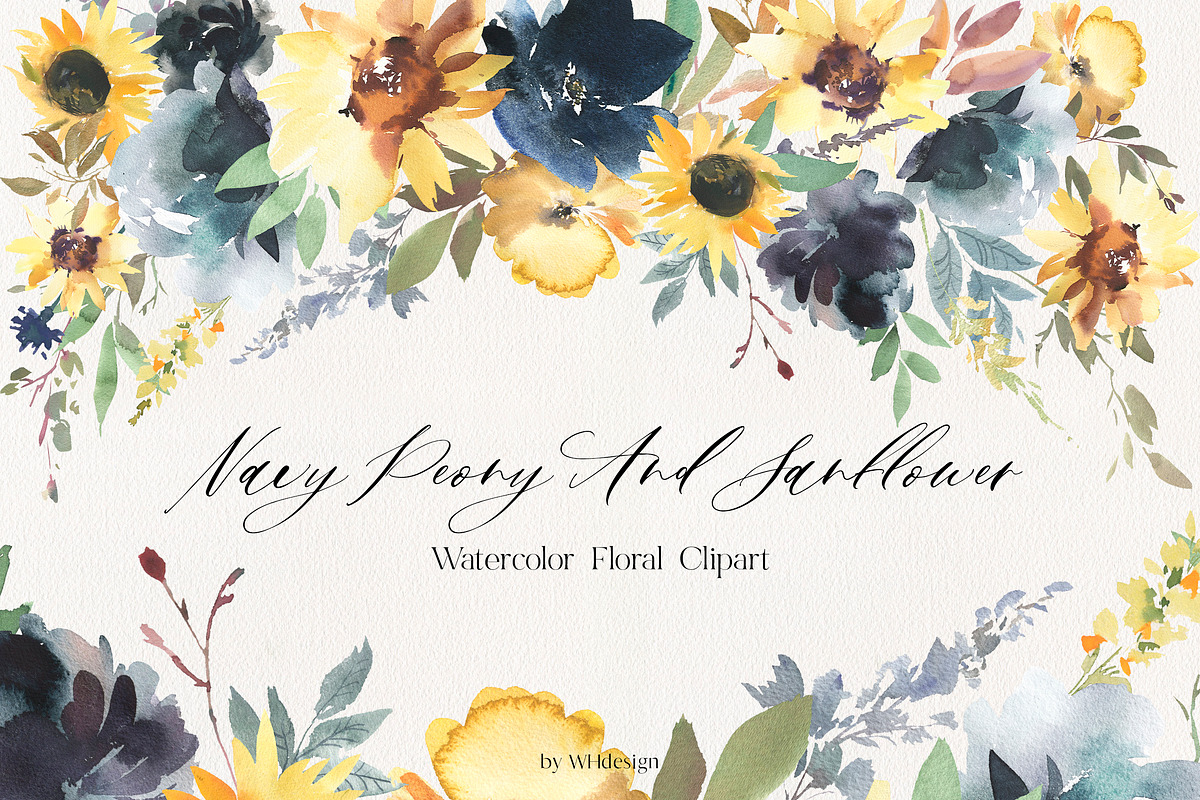 Navy Peony & Sunflower Florals PNG, a Decorative Illustration by whiteheartdesign (Photo 1 of 7)