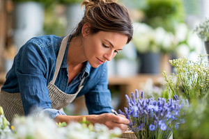 Young female florist arranging fresh, a Photo by MistyDay