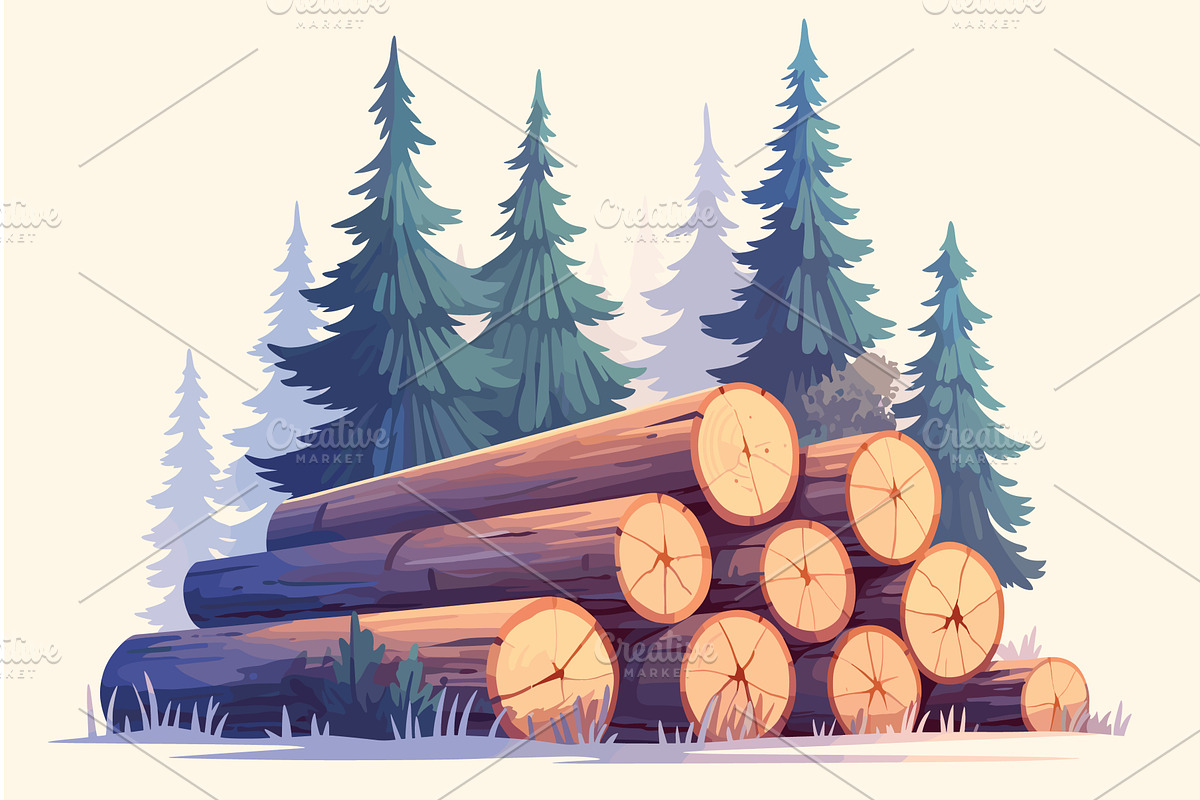 A pile of logs in a spruce forest in, an Object Illustration by LadadikArt