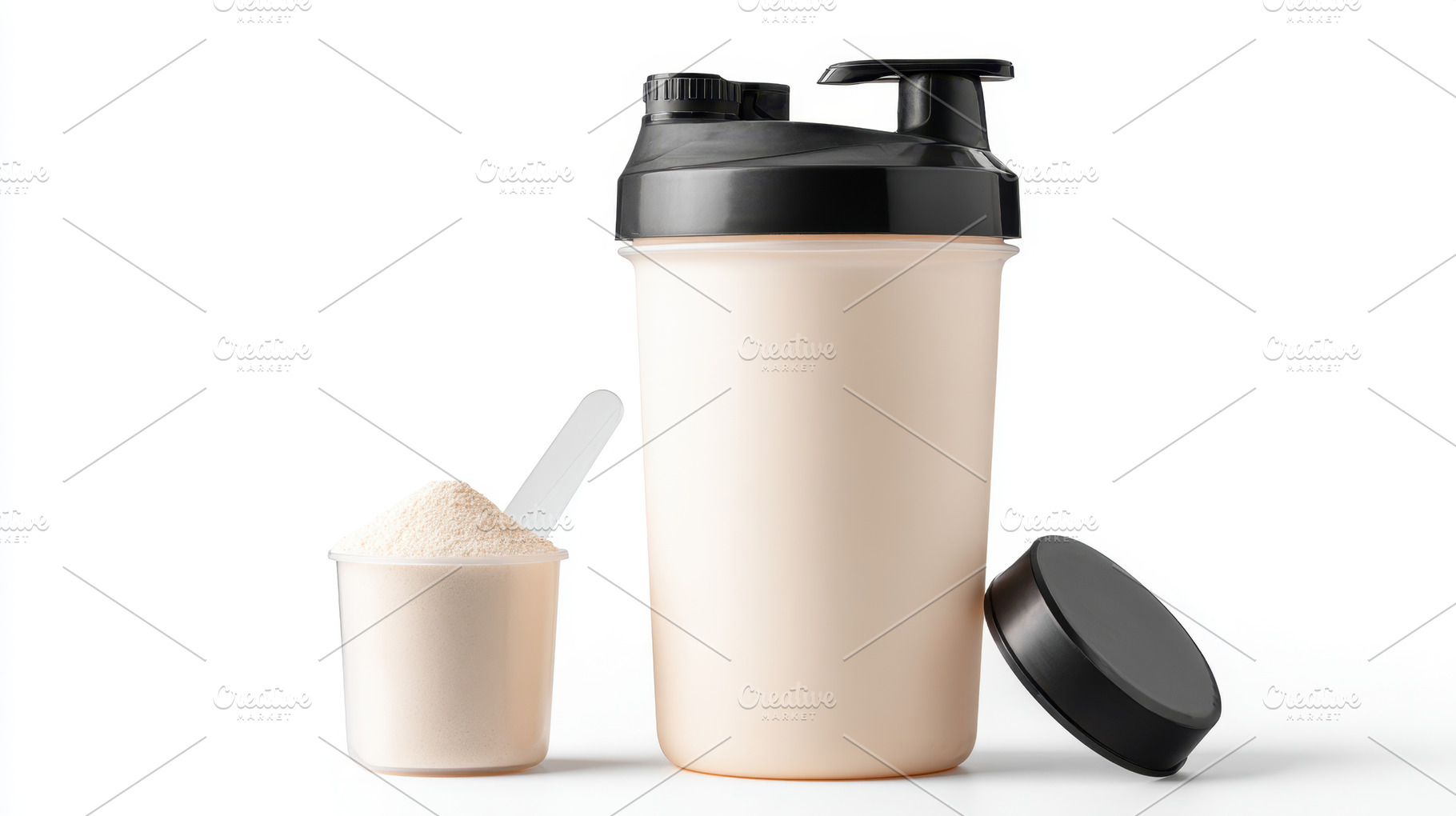 Protein shaker bottle with protein powder scoop, a Food & Drink Photo by AlyaAnd