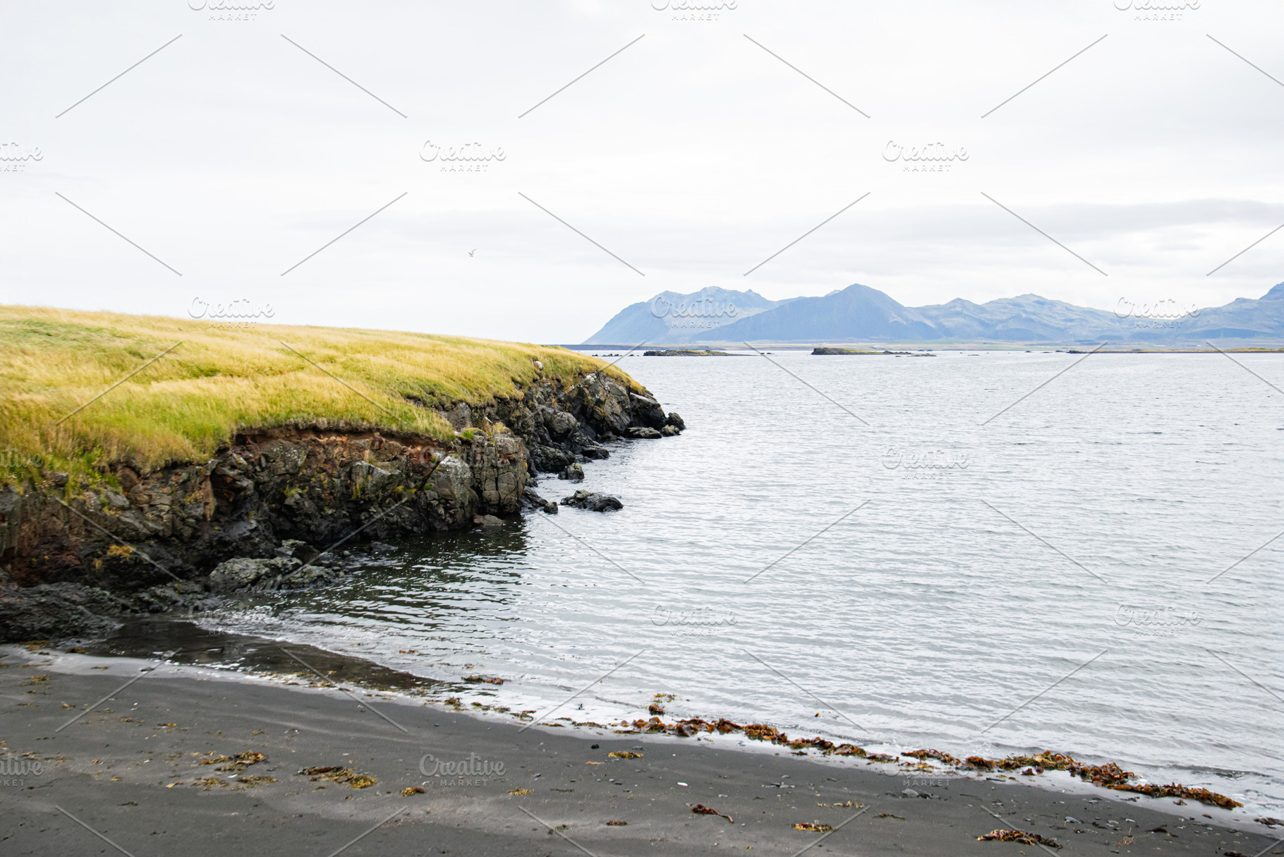 Coastal landscape in Iceland with rocky cliffs and mountains under cloudy skies, a Nature Photo by AS photostudio