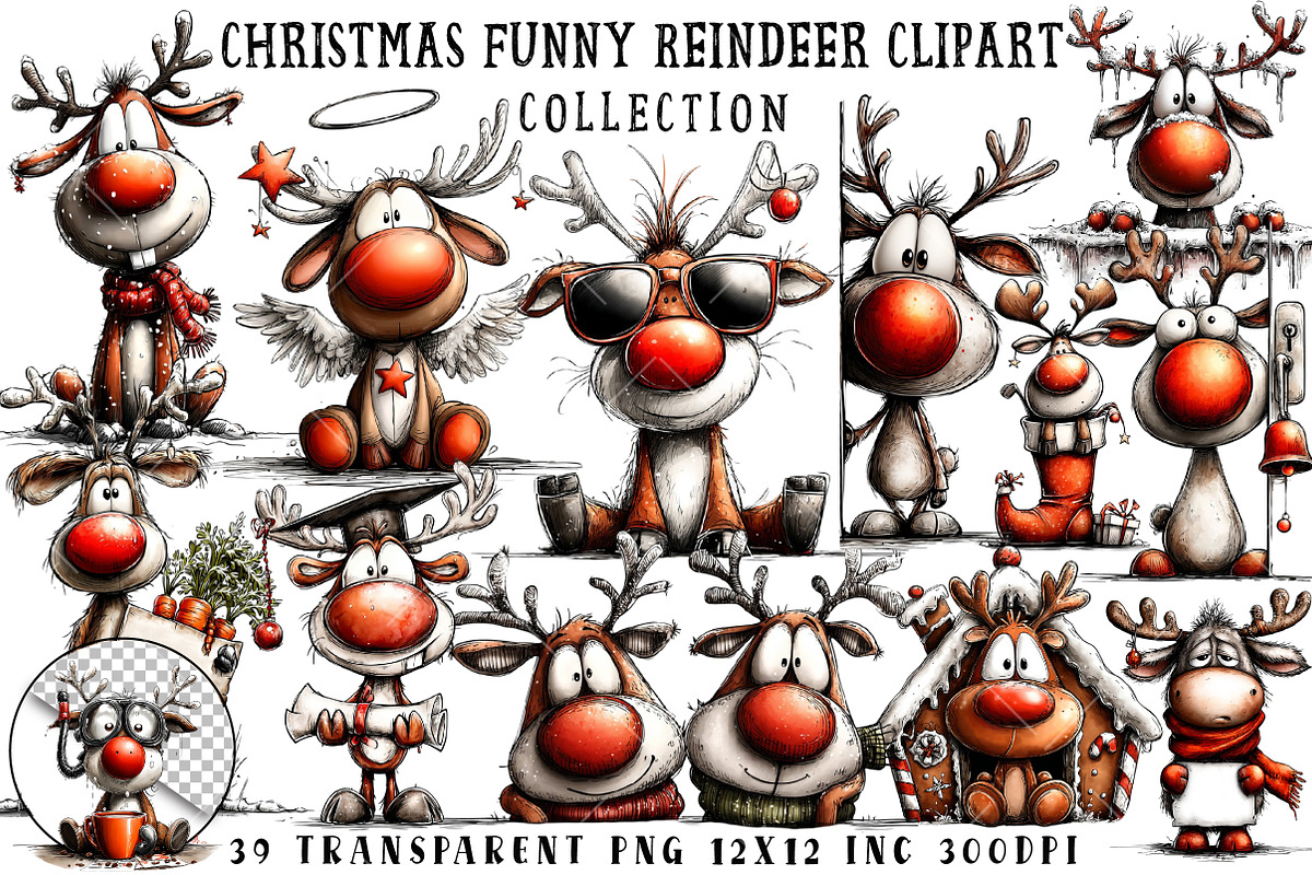 Christmas Funny Reindeer Clipart, an Illustration by OK Design (Photo 1 of 6)