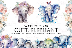 Watercolor Cute Elephant Clipart