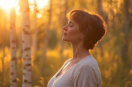 Woman Meditating in Nature at Sunrise