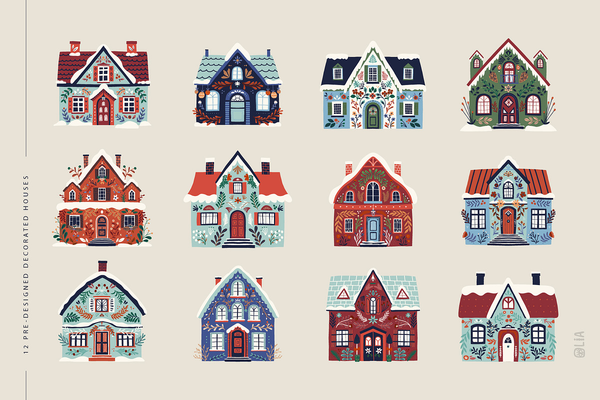 Christmas holiday houses & clipart, a Seasonal Illustration by Olia (Photo 5 of 13)