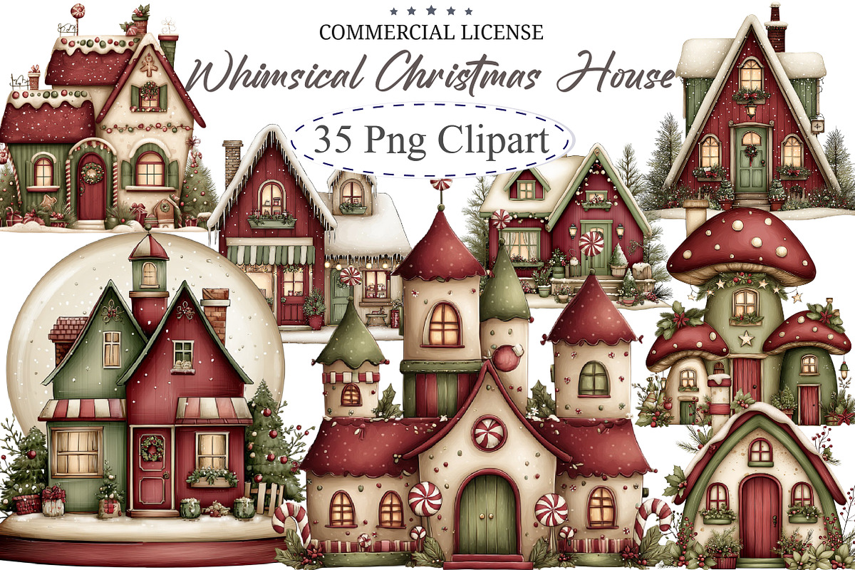 Whimsical Christmas House Clipart, an Illustration by designcity5 (Photo 1 of 5)