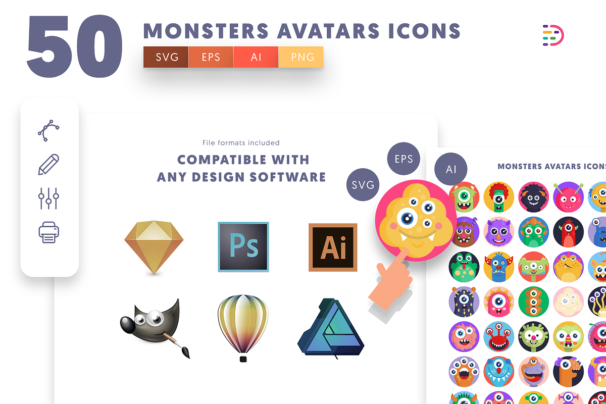 50 Monsters Avatars Icons, an Outline Icon by Dighital (Photo 9 of 10)