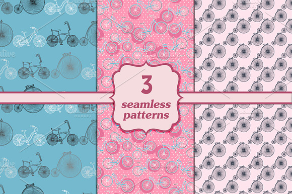 3 Seamless Patterns With Bicycles