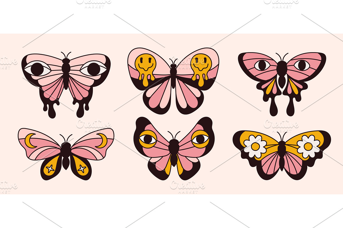 Psychedelic butterflies. Groovy, an Animal Illustration by Vectorbuum