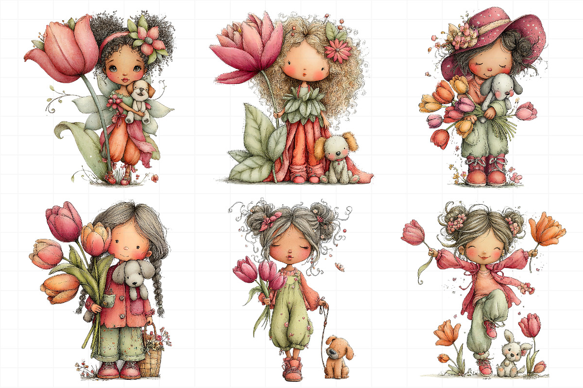 Whimsical Girl with Tulips and Puppy, an Illustration by Daily.Designs (Photo 8 of 8)