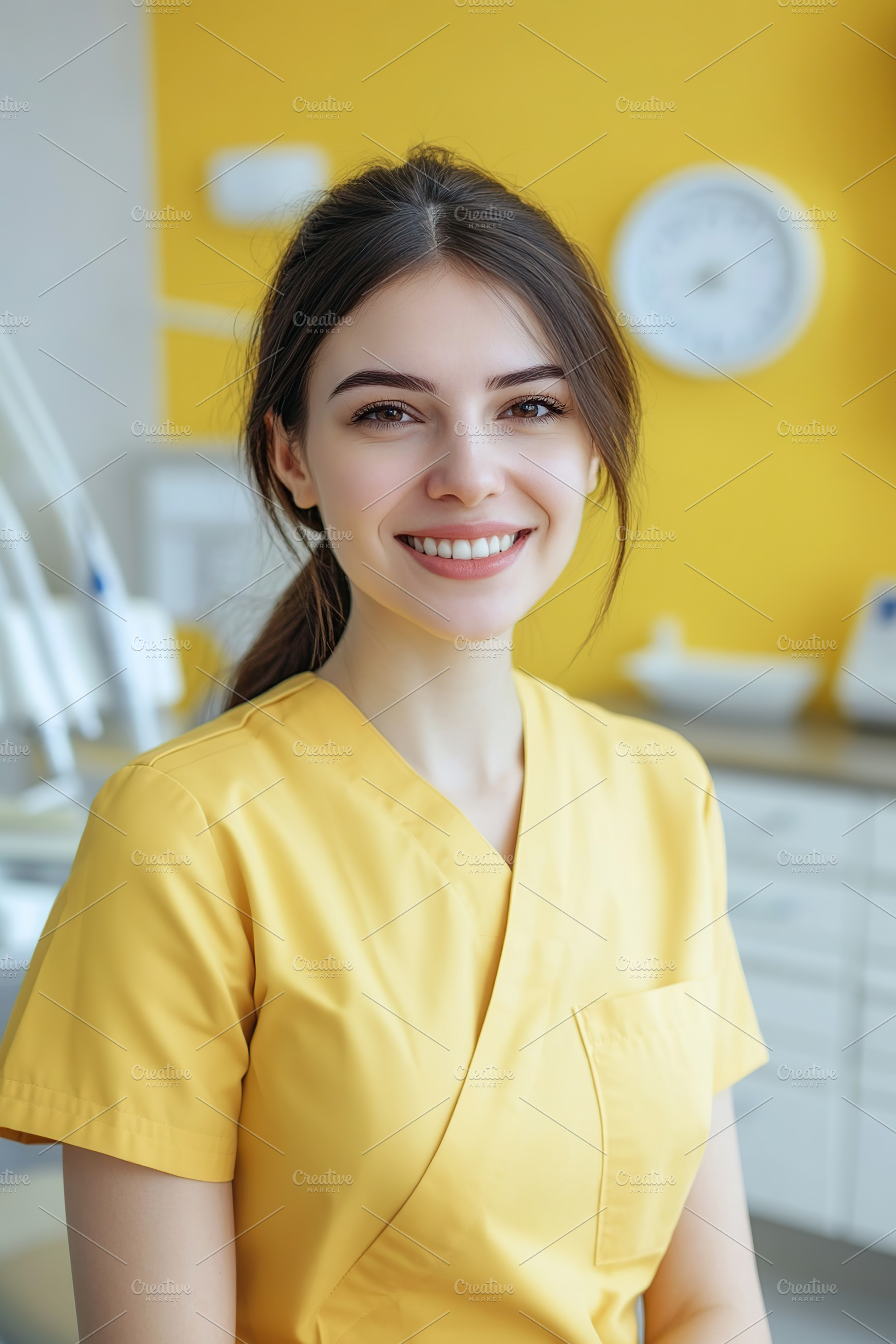 Female dentist in yellow scrubs smiling in modern dental clinic with bright int, a Health & Medical Photo by AlyaAnd