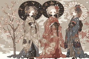 Elegant women in traditional Japanese attire embraced by serene floral backgrou, an Illustration by AS photostudio