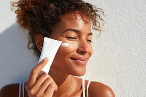 Woman applying skincare cream with a smile, a Person Photo by AlyaAnd