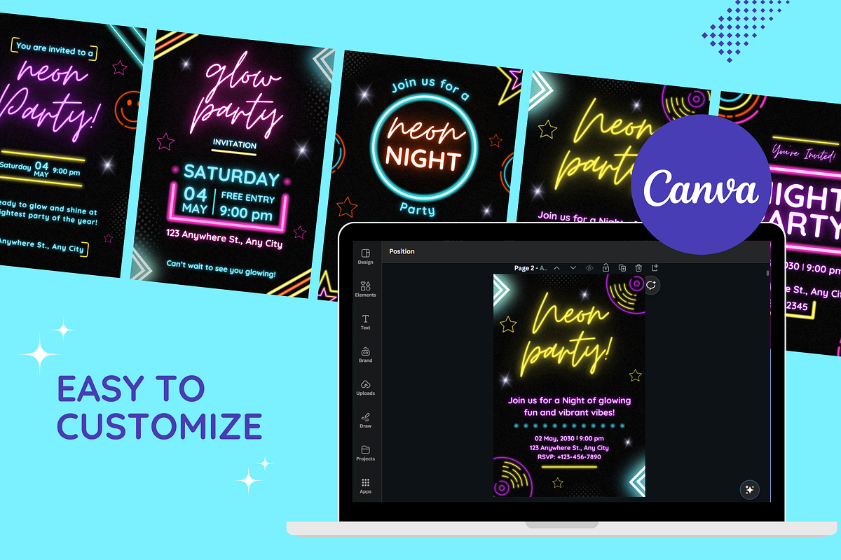 Neon Party Invitations Templates, a Templates & Theme by TemplateCastleStore (Photo 8 of 9)