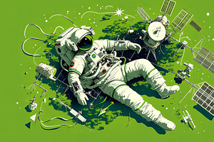 Astronaut in a spacesuit floating among debris in space with green background, an Illustration by AS photostudio