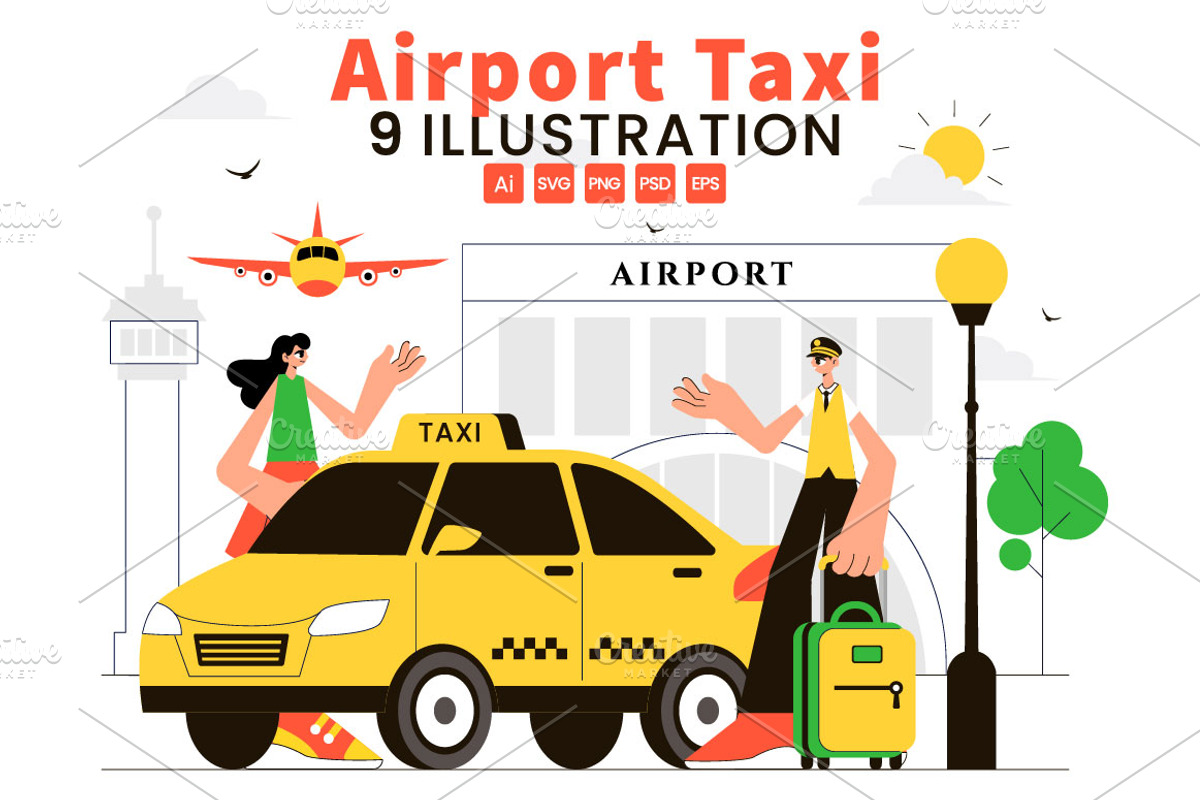 9 Airport Taxi Service Illustration, a Transportation Illustration by denayunebgt (Photo 1 of 3)