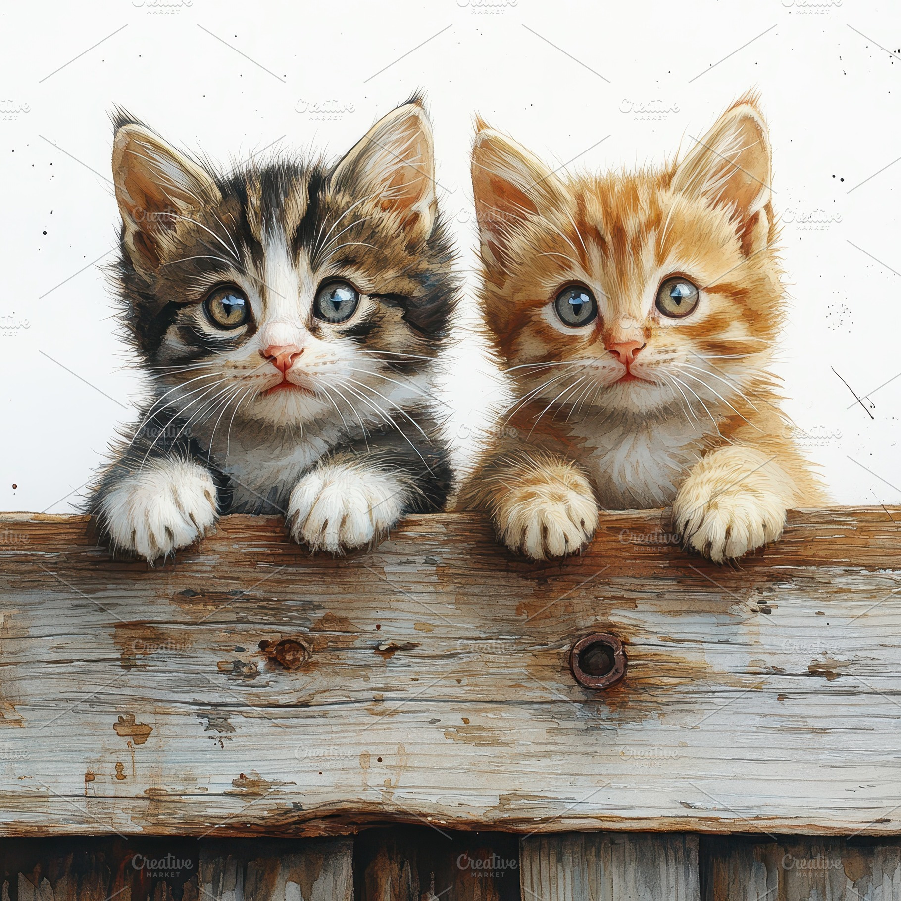 Two adorable kittens peeking over a, an Animal Photo by Pixeness Studio