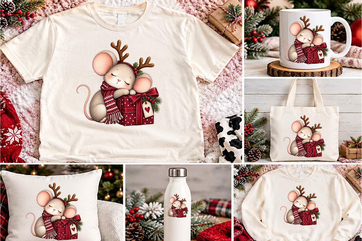 Sleepy Reindeer Mouse with Gift, a Seasonal Illustration by Printable Design Store (Photo 2 of 3)