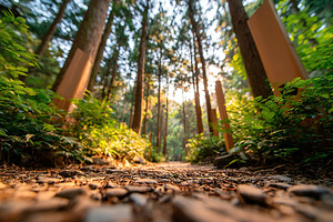 Exploring a tranquil walking path in a serene Japanese forest during golden hou, a Photo by AlyaAnd