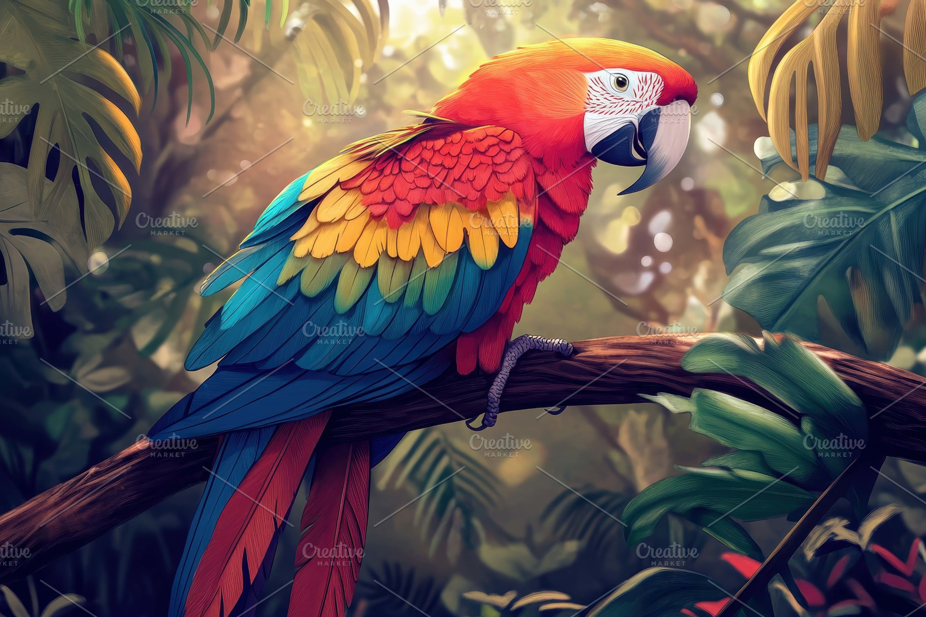 Colorful macaw perched on a branch i, a Photo by Tanuart