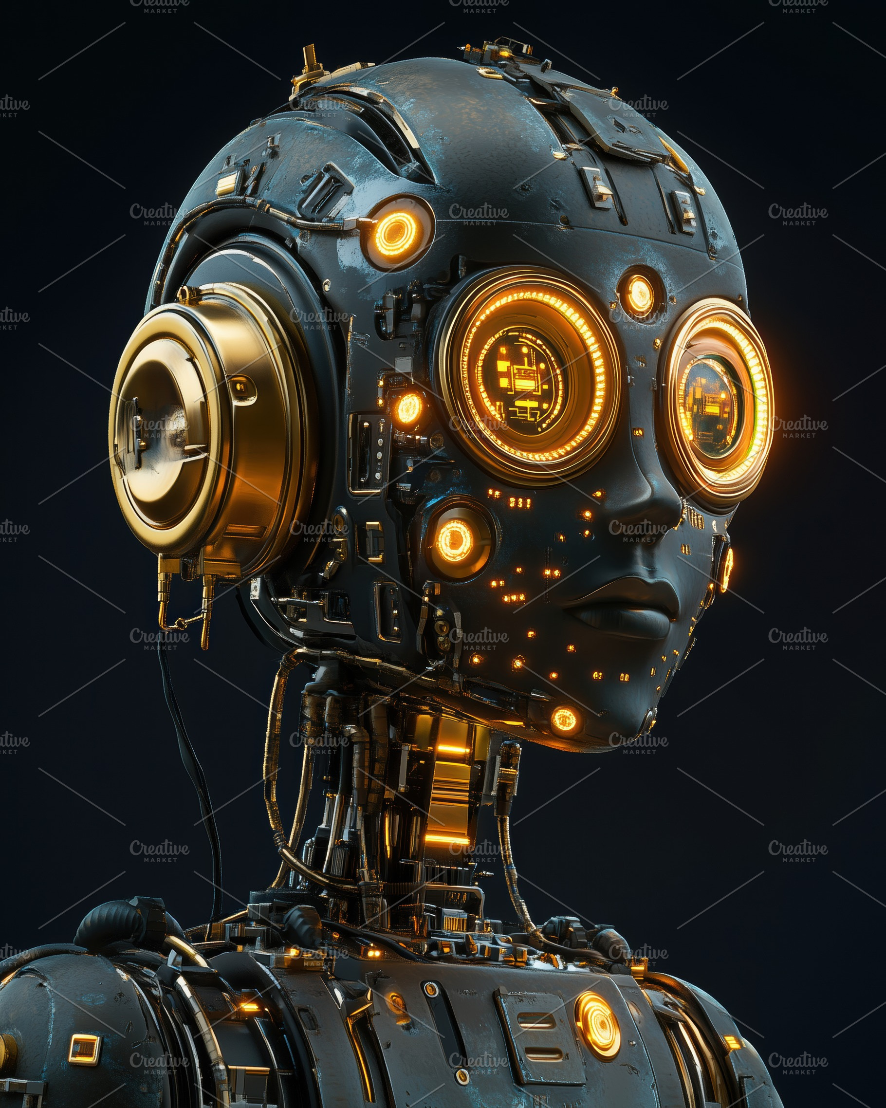 A futuristic robot with glowing orange eyes and intricate circuitry. The robot, an Arts & Entertainment Photo by Textures & Backgrounds