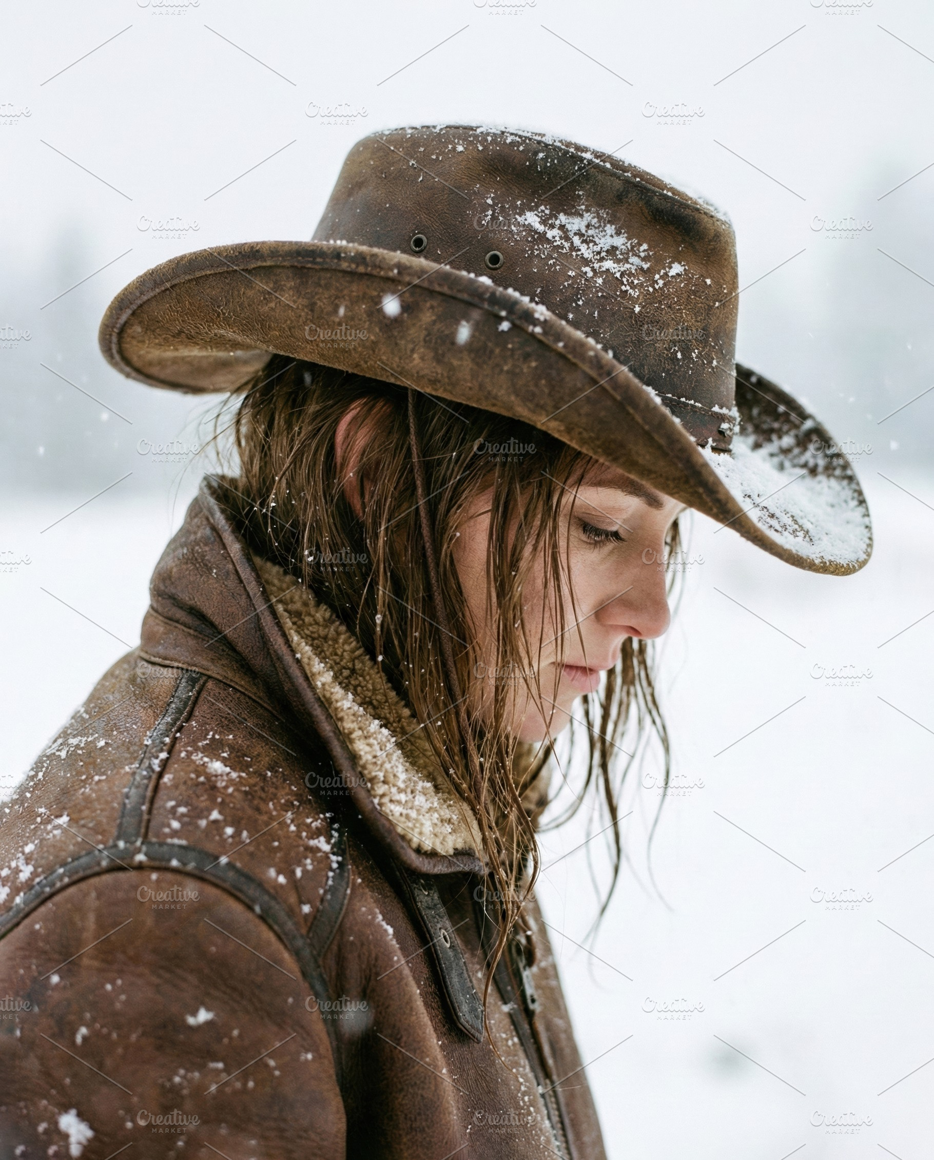 Pensive Woman in Snowy Cowboy Hat, a Person Photo by Virgo Studio