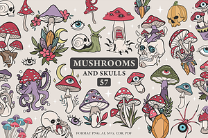 Retro mushrooms and skulls clipart