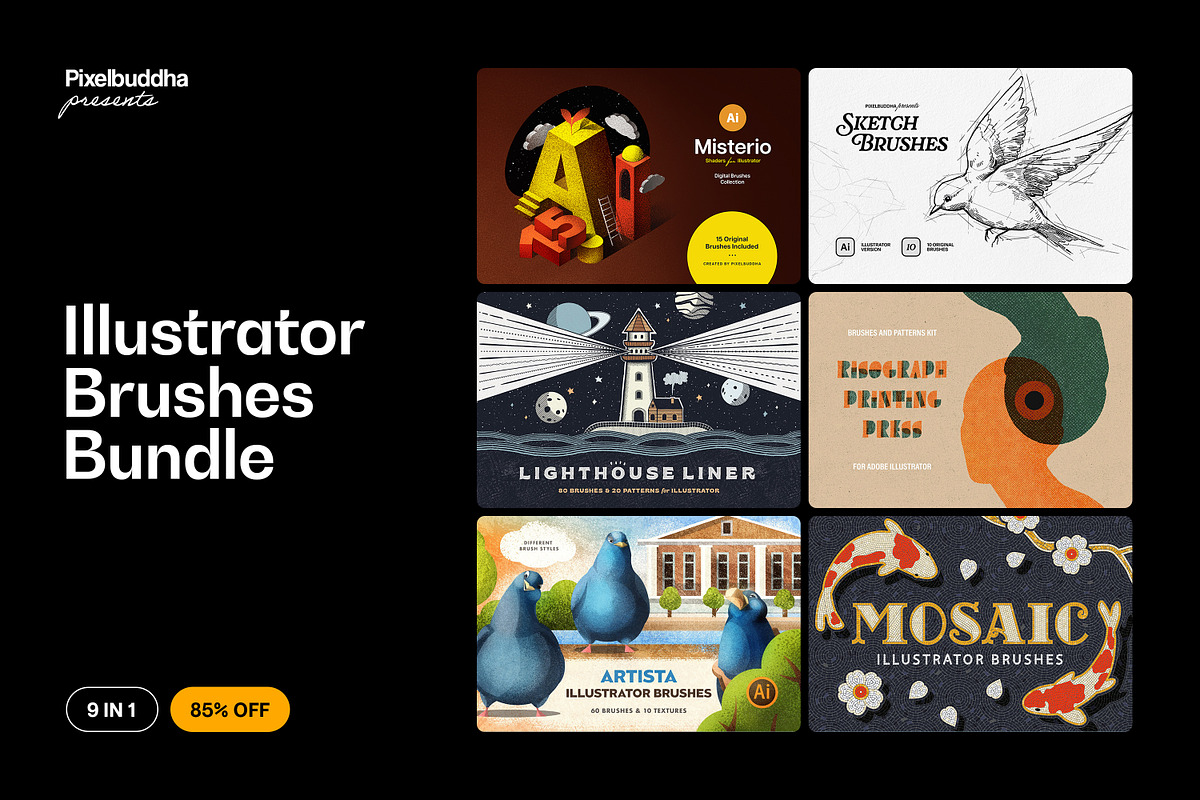 9 in 1 Illustrator Brushes Bundle, a Brush Add-On by pixelbuddha.net (Photo 1 of 12)
