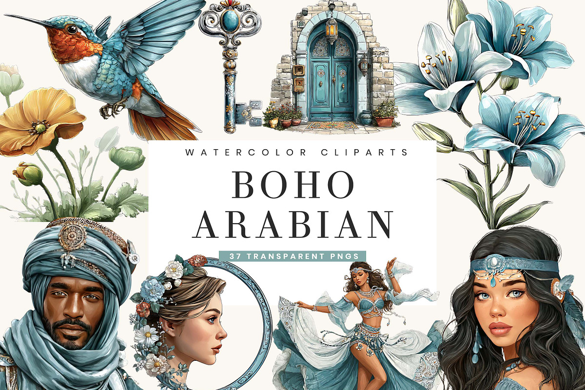 Watercolor Boho Arabian Clipart, a Person Illustration by BusyDaydesign (Photo 1 of 9)