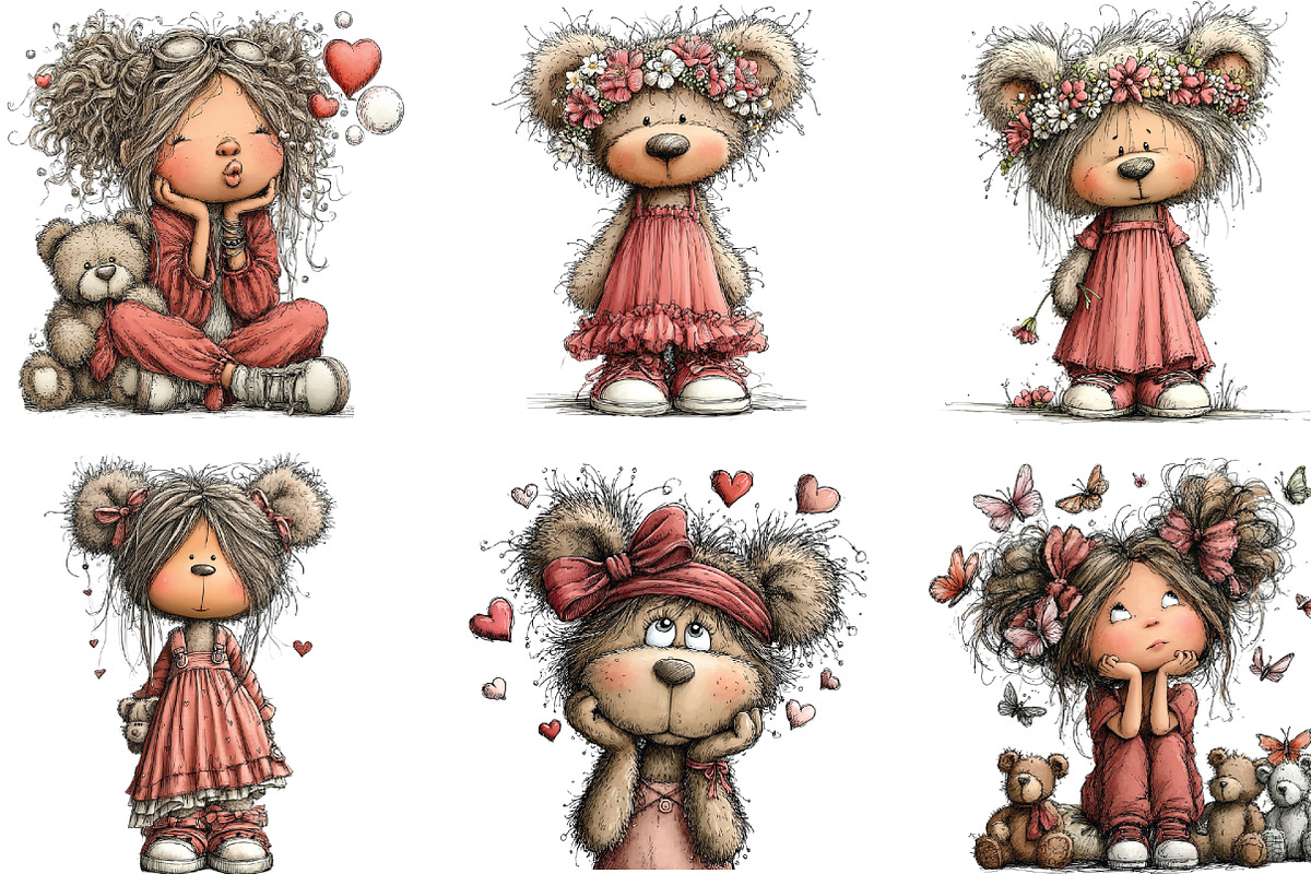 Whimsical Teddy Bear Girl Clipart, an Illustration by CraftArtStudio (Photo 2 of 6)