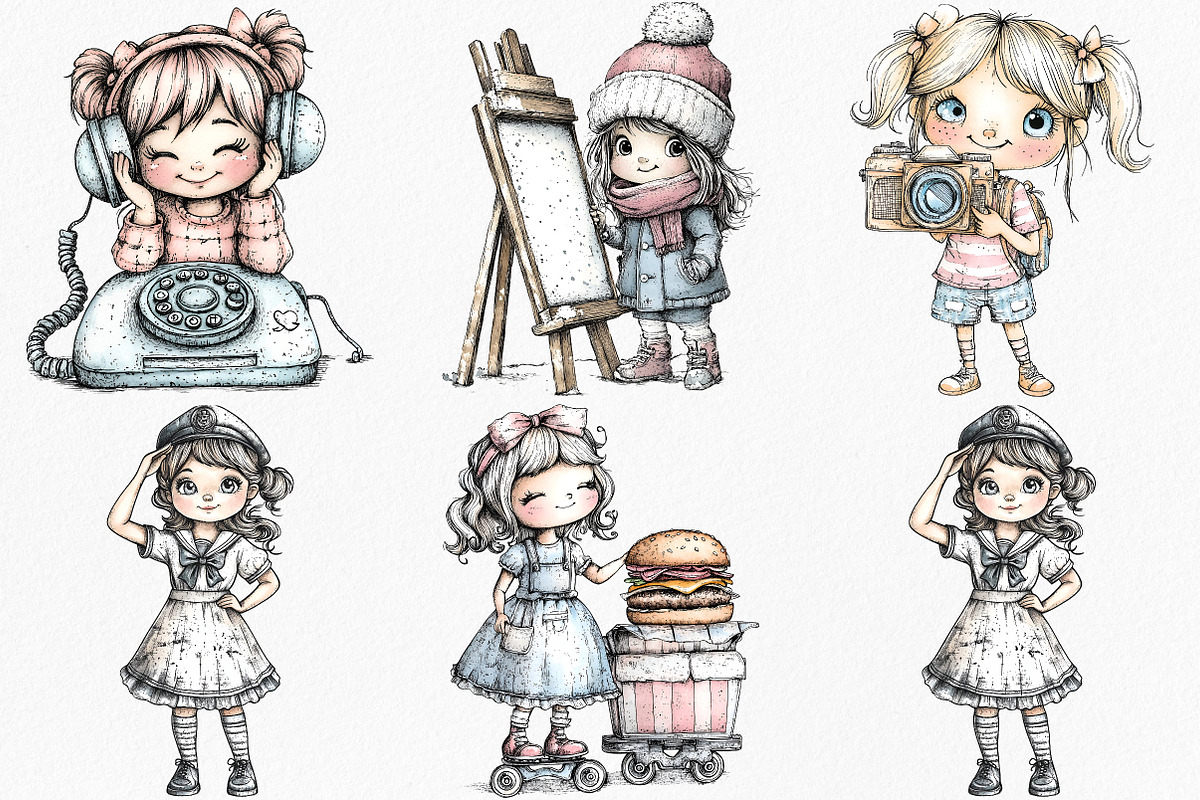 Watercolor Retro Girls Clipart, an Illustration by Canvas Craft (Photo 4 of 7)
