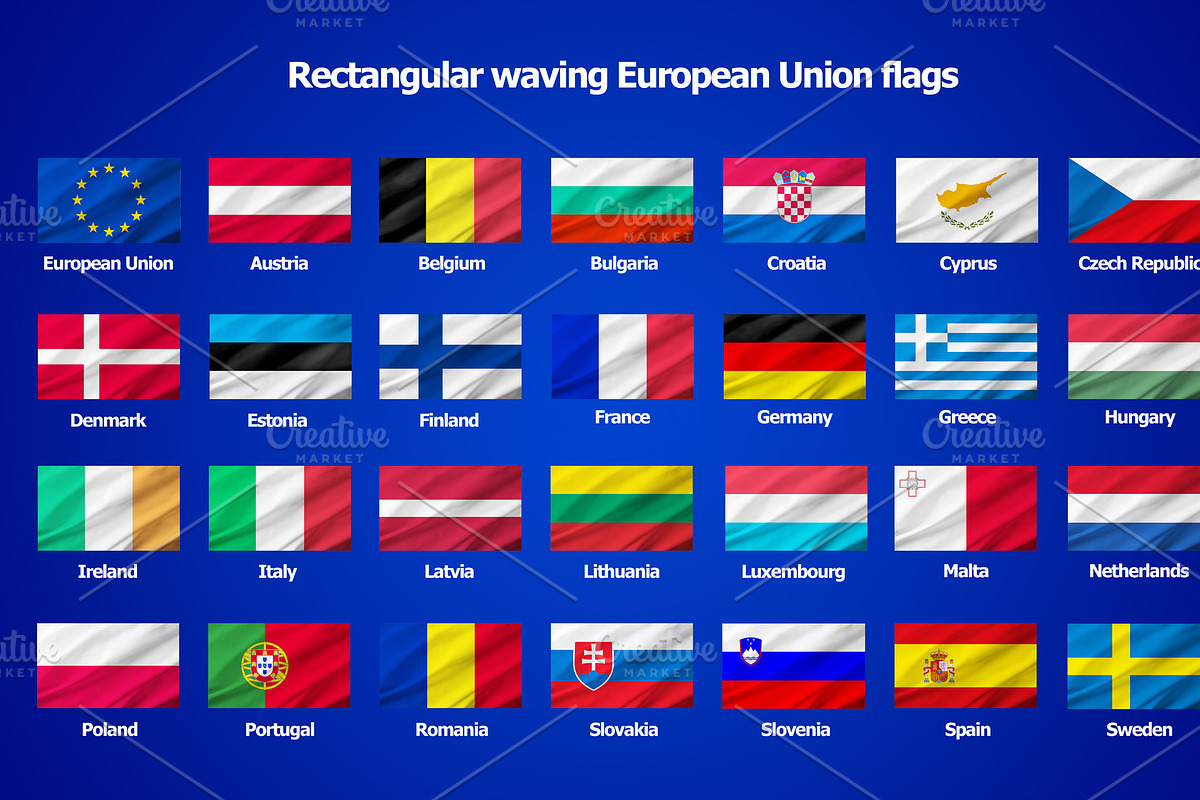 Waving European Union and Country Flags Set, an Object Illustration by Davizro's Market