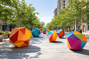 Colorful geometric art installation fills urban space with vibrancy and creativ, a Photo by AlyaAnd