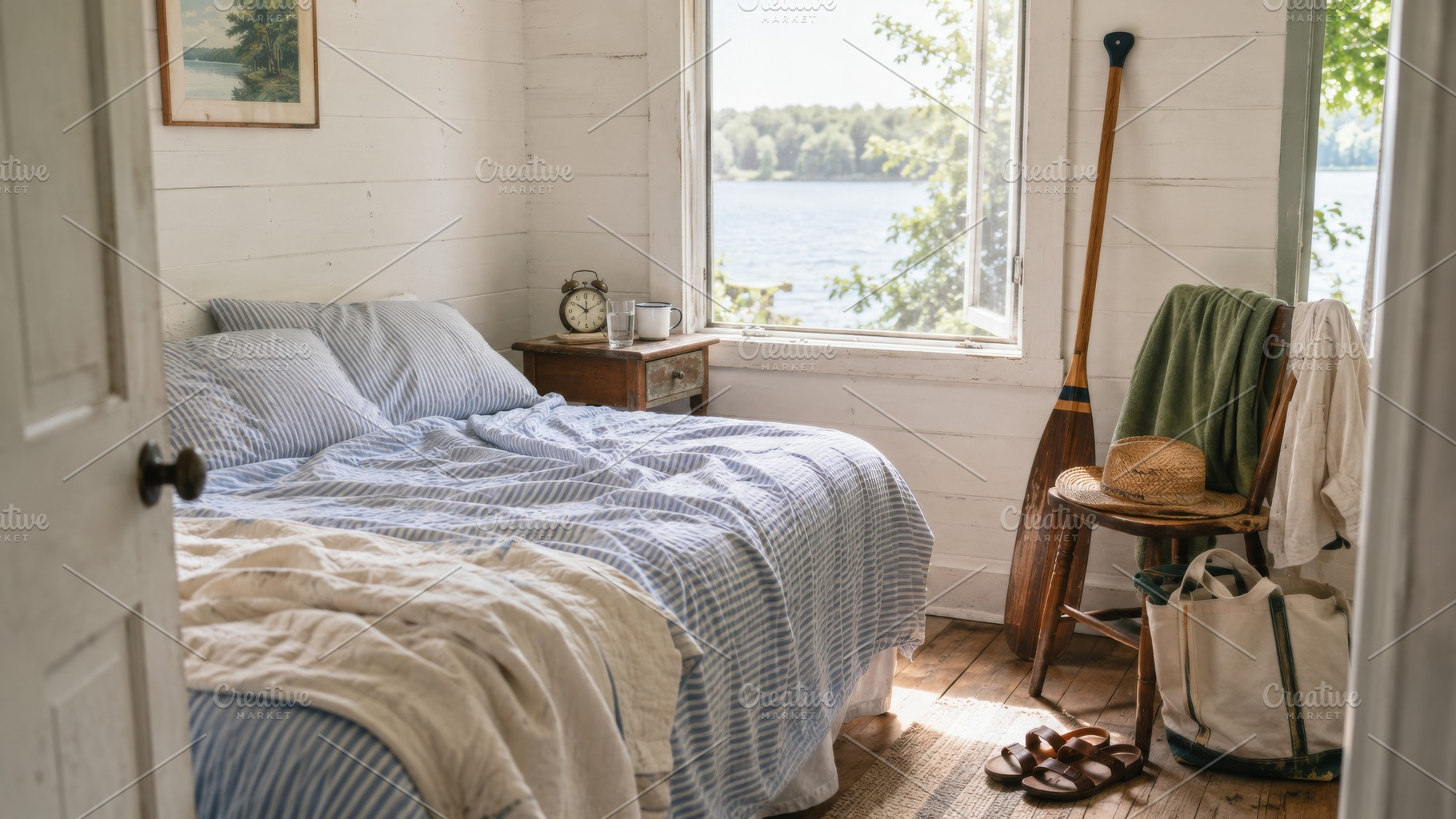 Cozy lakehouse bedroom with rustic d, a Photo by Dvoevnore photos