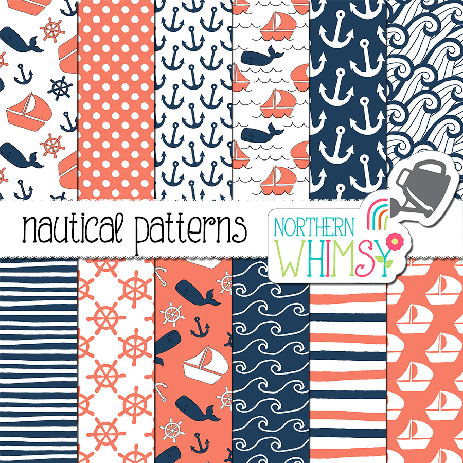 Coral and Navy Nautical Patterns, a Pattern Graphic by Northern Whimsy ...
