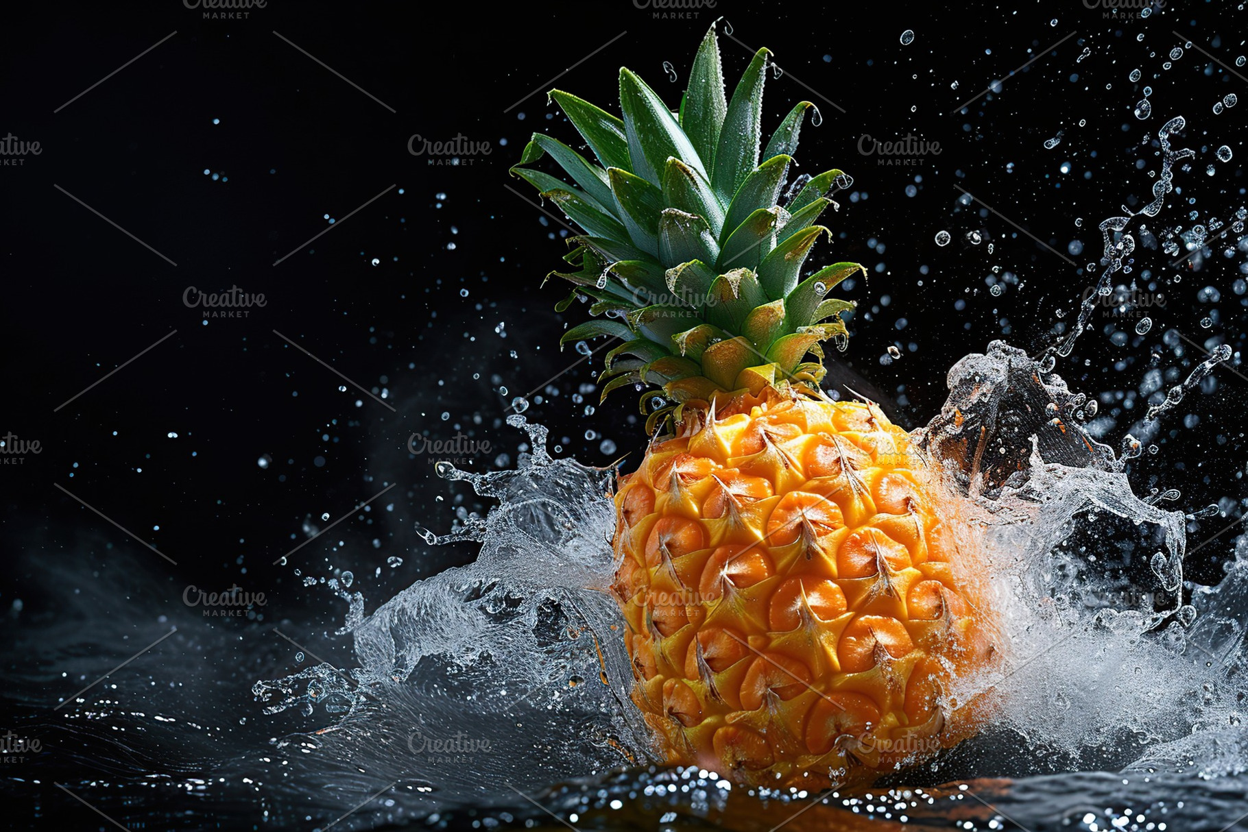 Fresh ripe pineapple falling in water with splashes on black background, a Food & Drink Photo by AlyaAnd