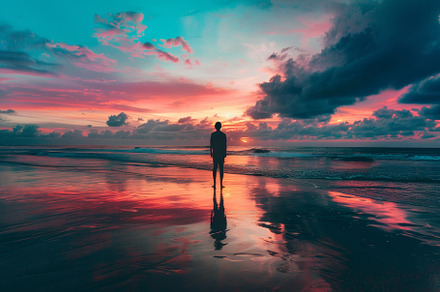 A person stands silhouetted against, a Photo by Tanuart