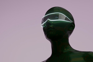 Green circuit humanoid wearing glowing smart visor