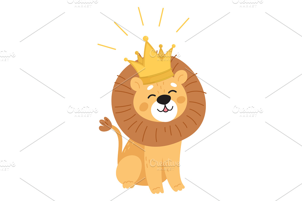 Cute smiling lion with golden crown, an Animal Illustration by Vectorbuum