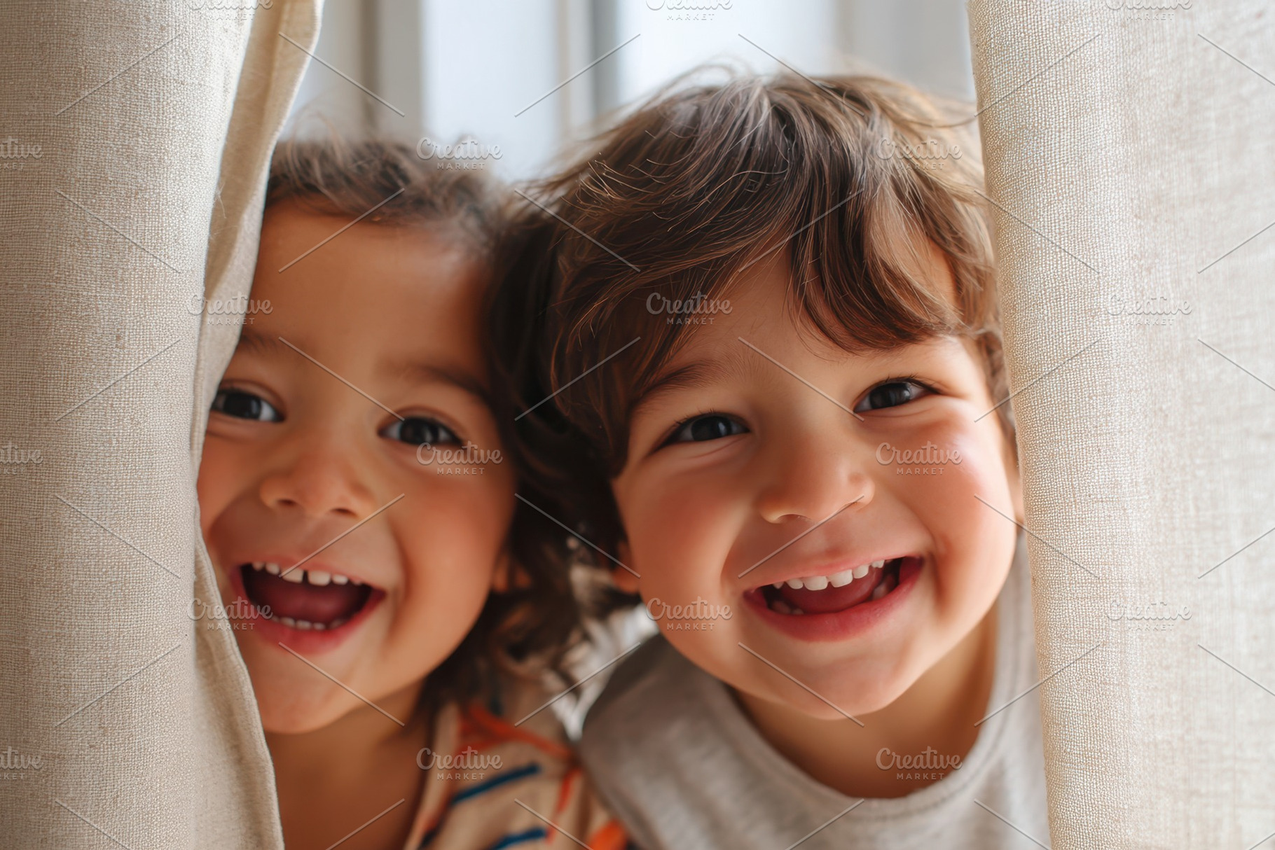 Two cheerful children peeking from behind a curtain, a Person Photo by AlyaAnd