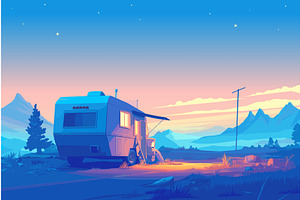 Cartoon mobile home in a clearing at, a Transportation Illustration by LadadikArt