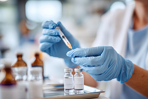 Healthcare professional preparing vaccine with syringe, a Health & Medical Photo by AlyaAnd