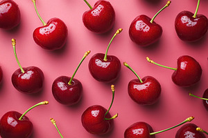 Ripe red cherries arranged on a vibrant pink background for a fresh summer feel, a Food & Drink Photo by AlyaAnd