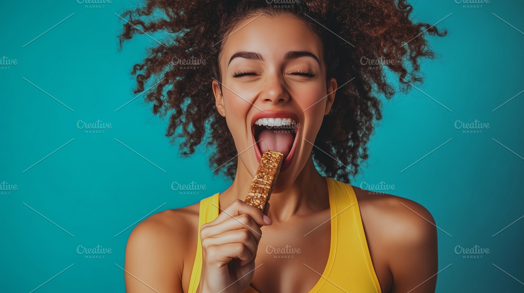 Cheerful athlete woman eats bar, a Sports & Recreation Photo by MistyDay
